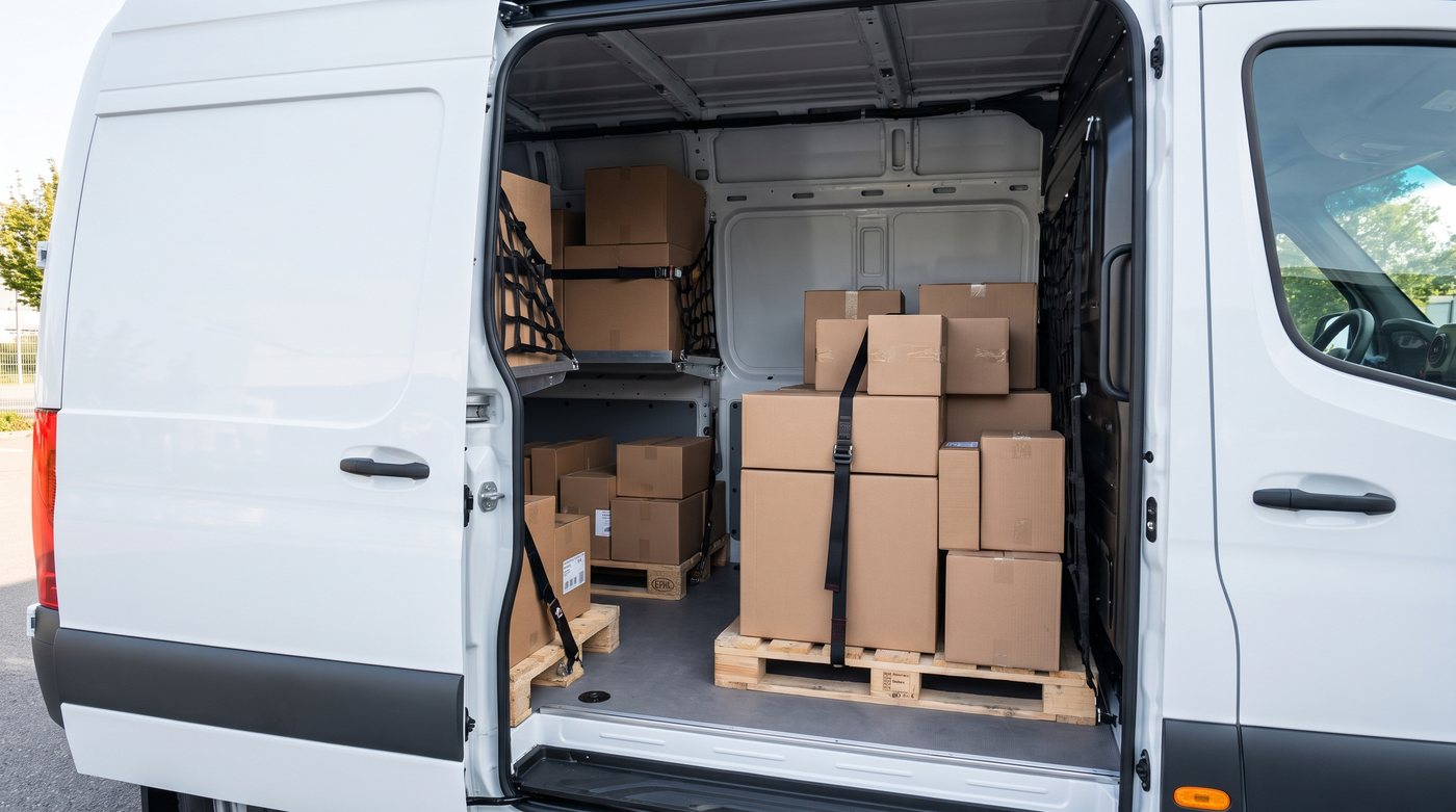 Pakketten in de laadruimte van een bestelbus