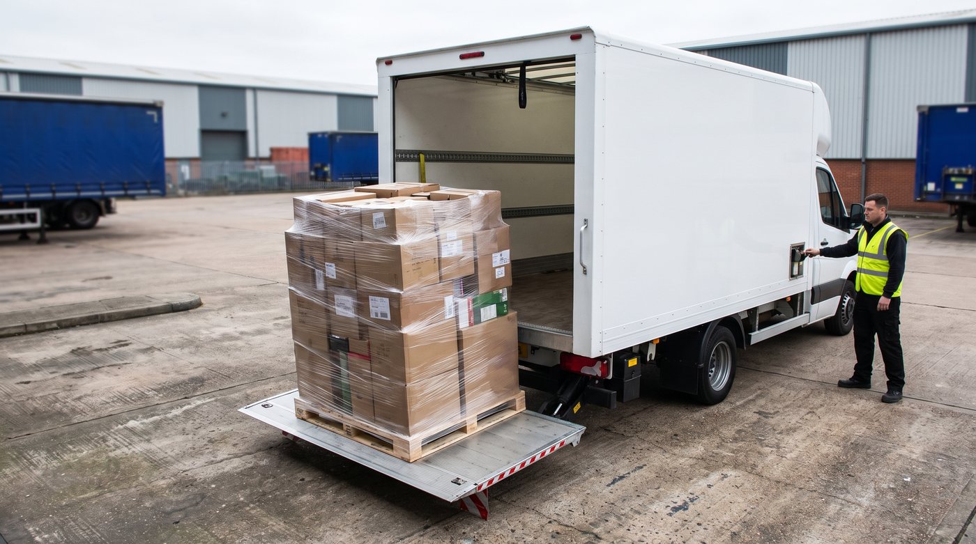 Pallet op de laadklep van een bakwagen